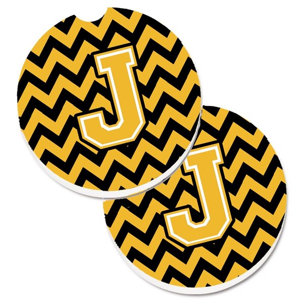 Carolines Treasures Letter J Chevron Black and Gold Set of 2 Cup Holder Car Coaster CJ1053-JCARC - main